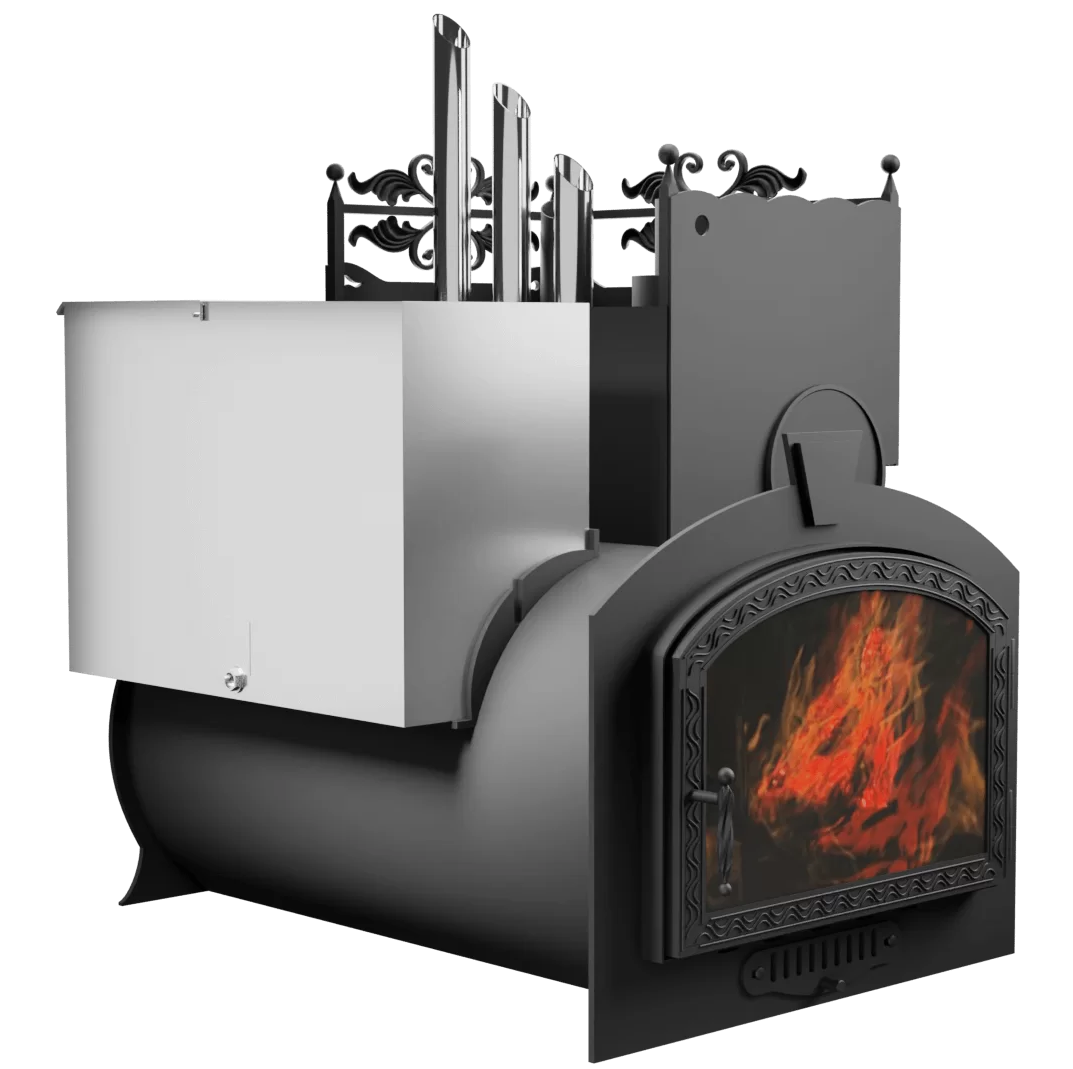 Печь Горыныч 3, каменка закрытая с правой стороны, большая дверь со стеклом фото в Перми