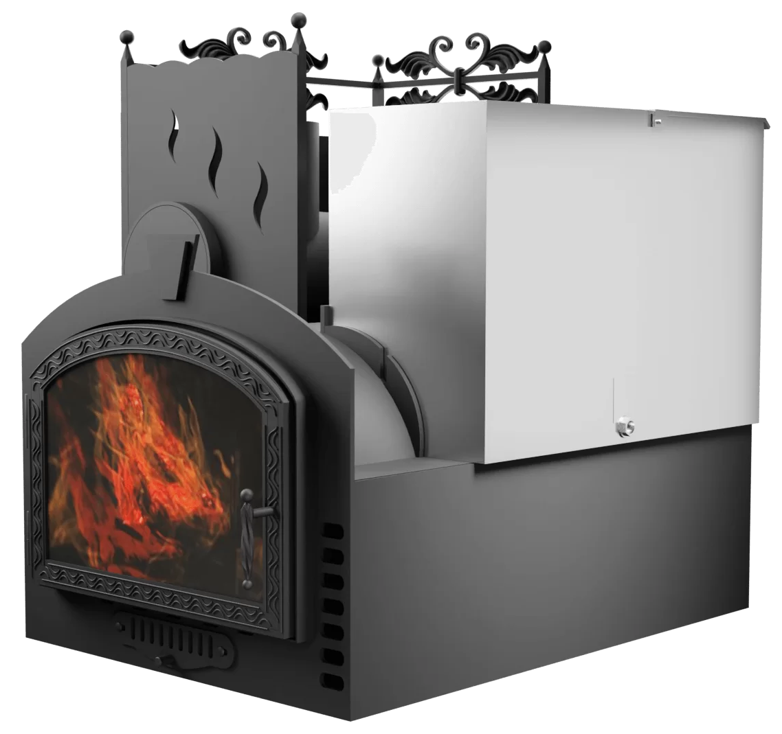 Печь Горыныч 3, каменка с левой стороны, большая дверь со стеклом, система воздушного отопления фото в Перми