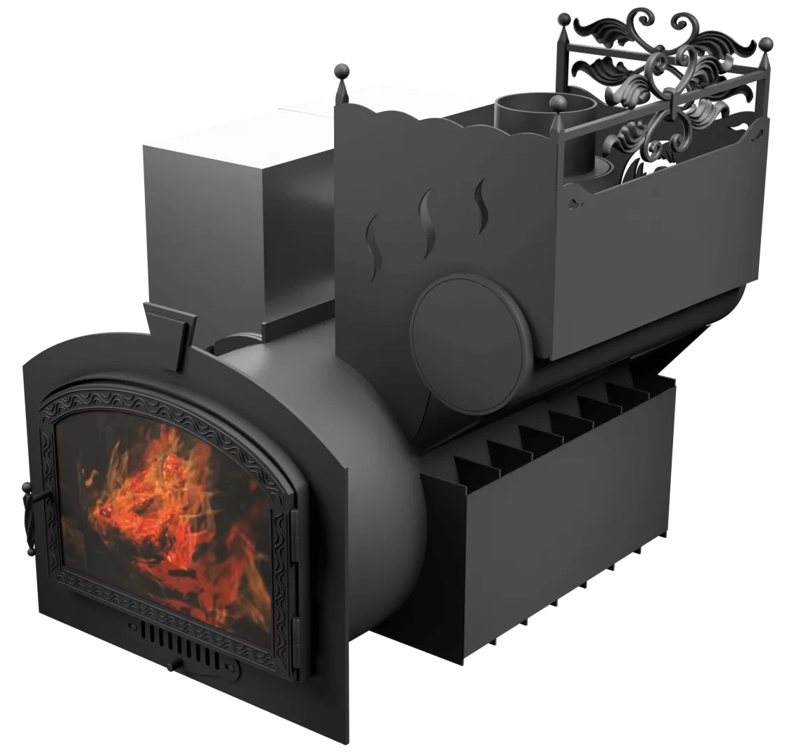 Печь Горыныч 3 с конвекцией, каменка с правой стороны, большая дверь со стеклом фото в Перми