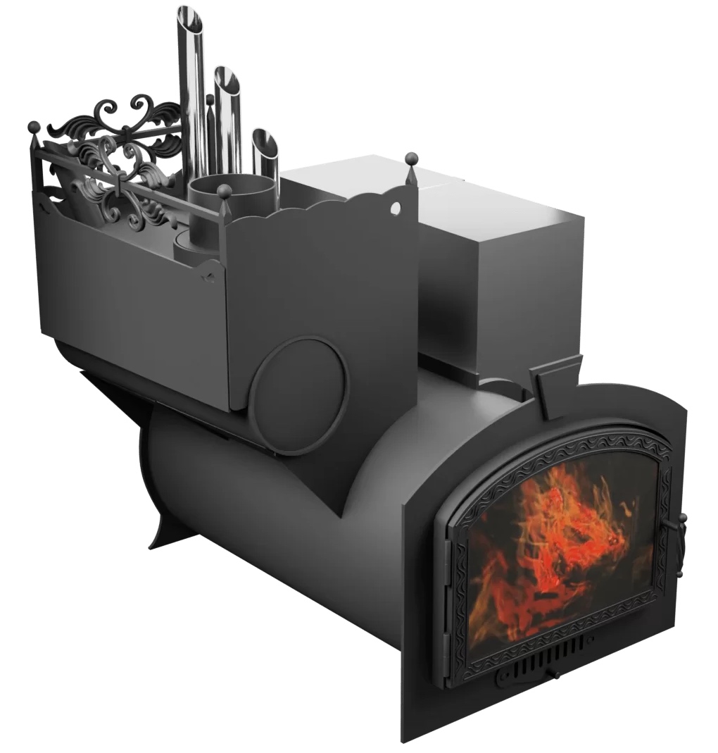 Печь Горыныч 3, каменка закрытая с парогенератором с левой стороны, большая дверь со стеклом фото в Перми