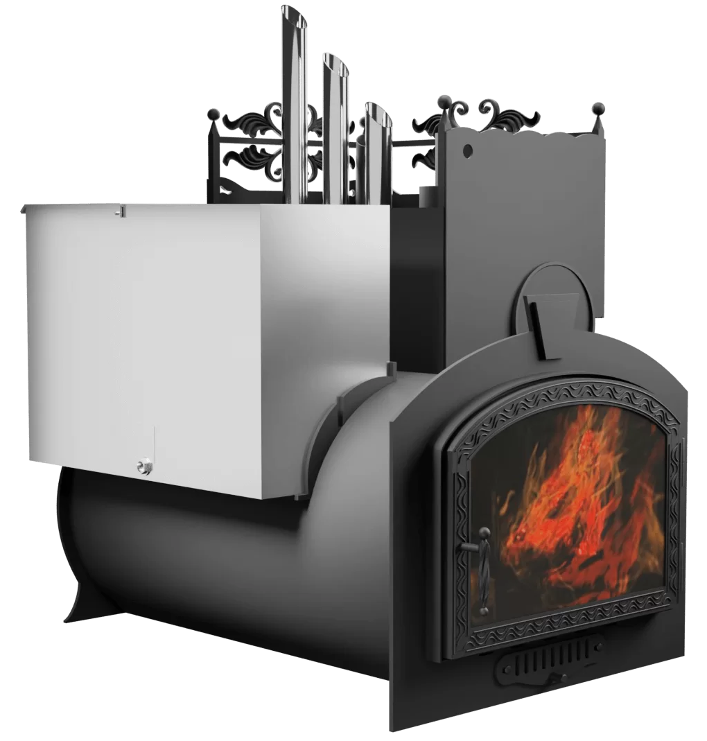 Печь Горыныч 3, каменка закрытая с парогенератором с правой стороны, большая дверь со стеклом фото в Перми