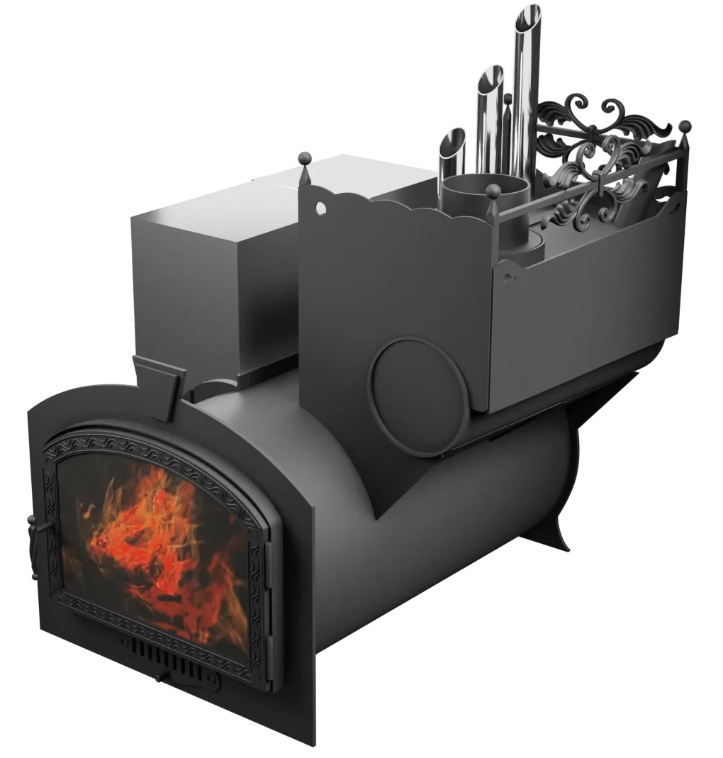 Печь Горыныч 3, каменка закрытая с парогенератором с правой стороны, большая дверь со стеклом фото в Перми