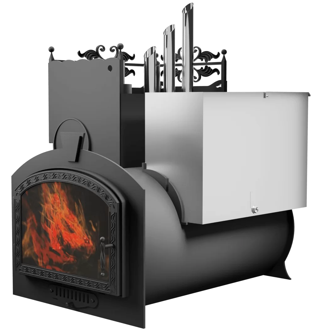 Печь Горыныч 3, каменка закрытая с парогенератором с левой стороны, большая дверь со стеклом фото в Перми
