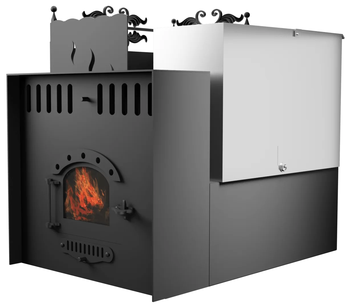 Печь Горыныч 3, каменка с левой стороны, малая дверь со стеклом, система воздушного отопления с порталом фото в Перми